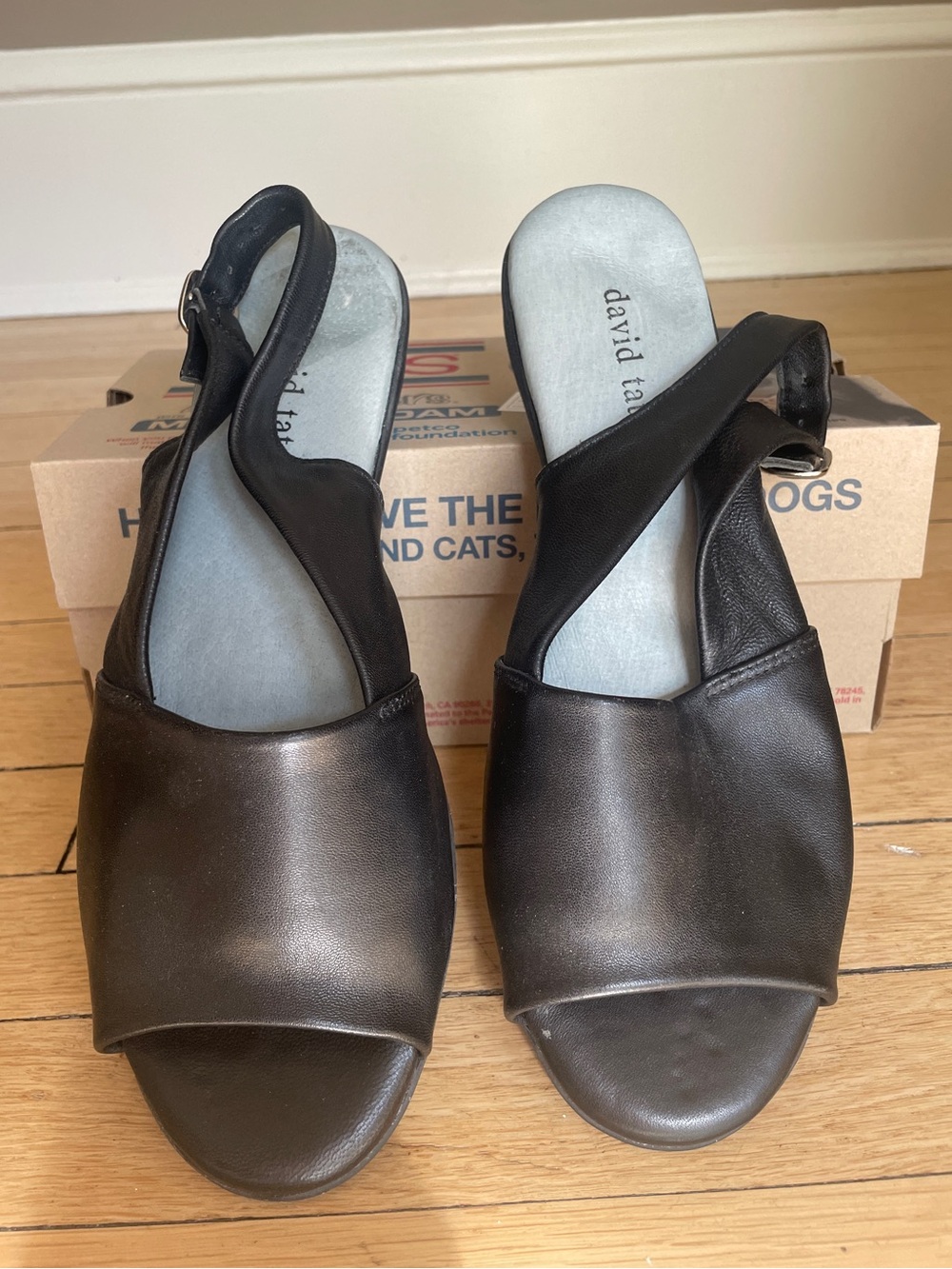 David Tate Black Leather Open-Toe Slingback Sandals